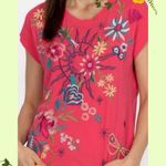 Johnny Was Rose Red Graphic Embroidered Cap Sleeve Tee size 2X Photo 1