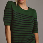 Anthropologie Maeve Harmon Jacquard Sweater Tee Top Green & Blue Stripe Small Photo 0