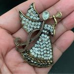 Monet Vintage  Signed Antique Brass-tone Rhinestone Angel Playing Trumpet Brooch Photo 6