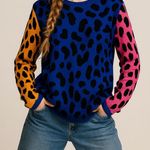 ✨Edinburgh Knitwear Colorful Vibrant Leopard Print Color Block Sweater ~ Medium Blue Photo 0
