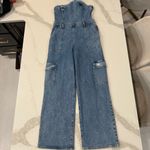 EXPRESS  Strapless Wide Leg Cargo Denim Jean Jumpsuit Womens 12 Light Blue Wash Photo 5