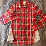 White Crow from The Buckle plaid flannel shirt with crochet side detail Jr L Photo 6