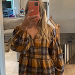 Altar'd State V neck Mustard colored blouse with blue detailing. Size small Photo 0