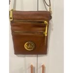 Michael Kors MK Brown Leather Crossbody Bag Gold Tone Hardware Zip Pockets Photo 1