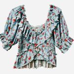 Free People FAVORITE GIRL FLORAL PRINT RUFFLE CROP TOP Baby Blue Boho Medium Photo 3