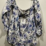 White Fox Boutique  Floral Off-Shoulder Jumpsuit - Blue and White Photo 1