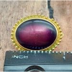 Trifari TM Gold Tone Oval Clip On Earrings Textured Trim Purple Plum Center 1" Photo 5