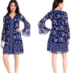 White House | Black Market WHBM Dress Women Large Blue Floral Print Tassel‎ Tie Neck Peasant Boho Mini Photo 1