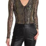 AFRM Womens Size XS Jane Mesh Sleeve Thong Bodysuit in Olive Snakeskin Print Photo 0