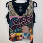 Disney Parks Alice in Wonderland Sequin Cold Shoulder Black Top Size Large Photo 0