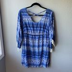 Bebop blue tunic top sz L Bell sleeves fringe Photo 1