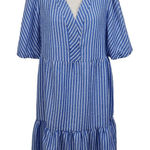 Sandra Darren  Blue Stripe Tiered Dress Size 6 Preppy Puffy Sleeve Striped Dress Photo 0
