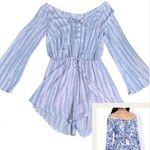 Olivaceous Pastel Blue & Pink Giraffe Print Long Sleeves Off Shoulder Romper L Photo 0