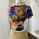 Love j Y2K Early 2000's Mesh Graffiti Graphic Print Open Back Crop Top L Photo 5