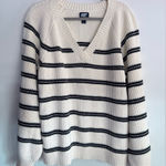 Lands' End Drifter Heavyweight Cotton Pullover Striped V Neck Sweater XL Ivory Photo 0