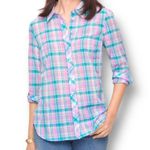 Talbots XS Pink Teal Plaid Button Up Cotton Shirt Long Sleeve Work Preppy NWT Photo 0