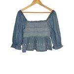 American Eagle Denim Chambray Peplum Top Smocked Embroidered Size Small Photo 2