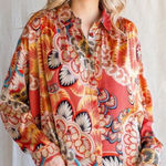 JODIFL  Boho Printed Satin Button Up Blouse Shirt Orange Multi Large Photo 0