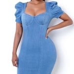 Iris Puff sleeve denim midi. Medium stretch solid color. Cuff bust. Medium. Photo 1