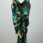 Pretty Little Thing  Green Print Satin Strappy Cowl Neck Side Gathered MIDI Dress Photo 0