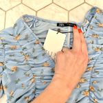 ZARA NEW Tulle Blue Floral Rosebud Ruched Blouse Size Small NWT Photo 4