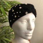 Black gold beaded pearl rhinestone headband turban knitted scarf knot boho Photo 1