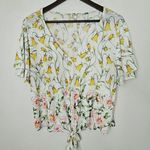 Lily White Blouse Floral Print Top Yellow Pink Green V-Neck Tie Front Casual Photo 0
