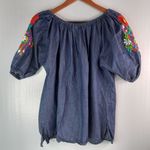 QC L Mexican Embroidered Peasant Top in Denim Red Size L Photo 6