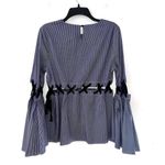 Beulah Blue Striped Lace Up Wide Sleeve Top Large Photo 1