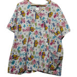 Disney Winnie The Pooh Scrub Top Women's 2X White Floral Print V-Neck Pockets Photo 0