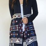 Skies Are Blue  Cream Navy Blue Long Cardigan Fringe Tribal Print Size Medium Photo 9