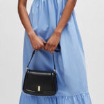 Boss Midi Dress Blue Stretch Twill Wide Crossover Straps Ruffle Skirt size 10 Photo 0