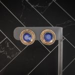 Vintage Clip On Earrings Antique Shade of Gold Tone with Blue Center 0.75" Photo 1