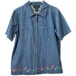 Denim & Co Women Medium Short Sleeve Zip Embroidered Floral Grannycore Boho Blue Photo 0