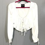 Kittenish  White Satin Tie Front Long Sleeve Cinched Cropped Trendy Top S Photo 0