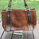 Junior Drake Distressed Leather Shoulder Bag Bronze Metallic Trim Large Purse Brown Photo 3