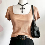 Brown Ribbed Square Neck Top, Minimalist, 90s, Y2K,‎ Earthy, Casual, Medium Photo 0