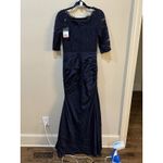 La Femme 24926 Navy Blue Scallop Sparkle Lace Embellished Ruched Satin Gown 4 Photo 2