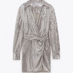 ZARA Silver Shiny Mini Bodycon Dress with Knot Photo 4