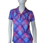 Vintage 70s Argyle Plaid Short Sleeve Blouse Medium Magenta, Bubblegum Pink Photo 0