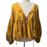 Free People Mustard Peasant Blouse Top – Boho Textured Gauze – Size L Photo 4