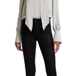 Paige Saffron Satin Silver White Gray tie plunge neck bodysuit long sleeve top Photo 1