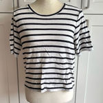 Susana Monaco Club Monaco Black Striped Crew Neck Linen Cropped T-Shirt Size M Casual Photo 0