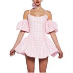NWT Sugar Thrillz Gingham Pink Corset Puff Sleeve Bubble Hem Mini Dress SMALL Photo 3