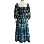 Cara Cara Jazzy Blue Green Print Puff Sleeve Smocked Cotton Midi Dress Sz S Photo 2