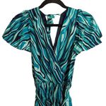 Trina Turk NWT Planetary 2 Abstract-Print Faux-Wrap Dress Wavy Blue Teal V-Neck Photo 1