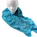 Blue Hand Painted Chevron Scarf Wrap Shawl Throw Pink Flowers Boho Lightweight Photo 0