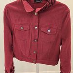Allegra K  Size XL Cropped Denim Jacket Maroon Buffalo Plaid Cuff Retro Trucker Photo 0