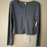 BP Crop Top Rib Knit Crewneck Long Sleeve Button Up Front Color Blue Sz XL NWT Photo 0