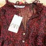 ZARA NEW  Long Sleeve Animal Print Burgandy Ruffle Dress Size Medium Elastic Band Photo 8